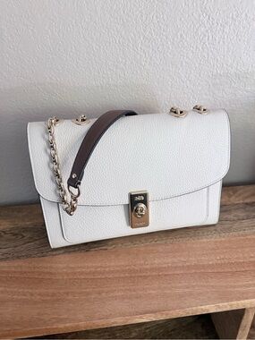 Coach White Leather Shoulder Bag with Gold Hardware and Brown Strap Accent